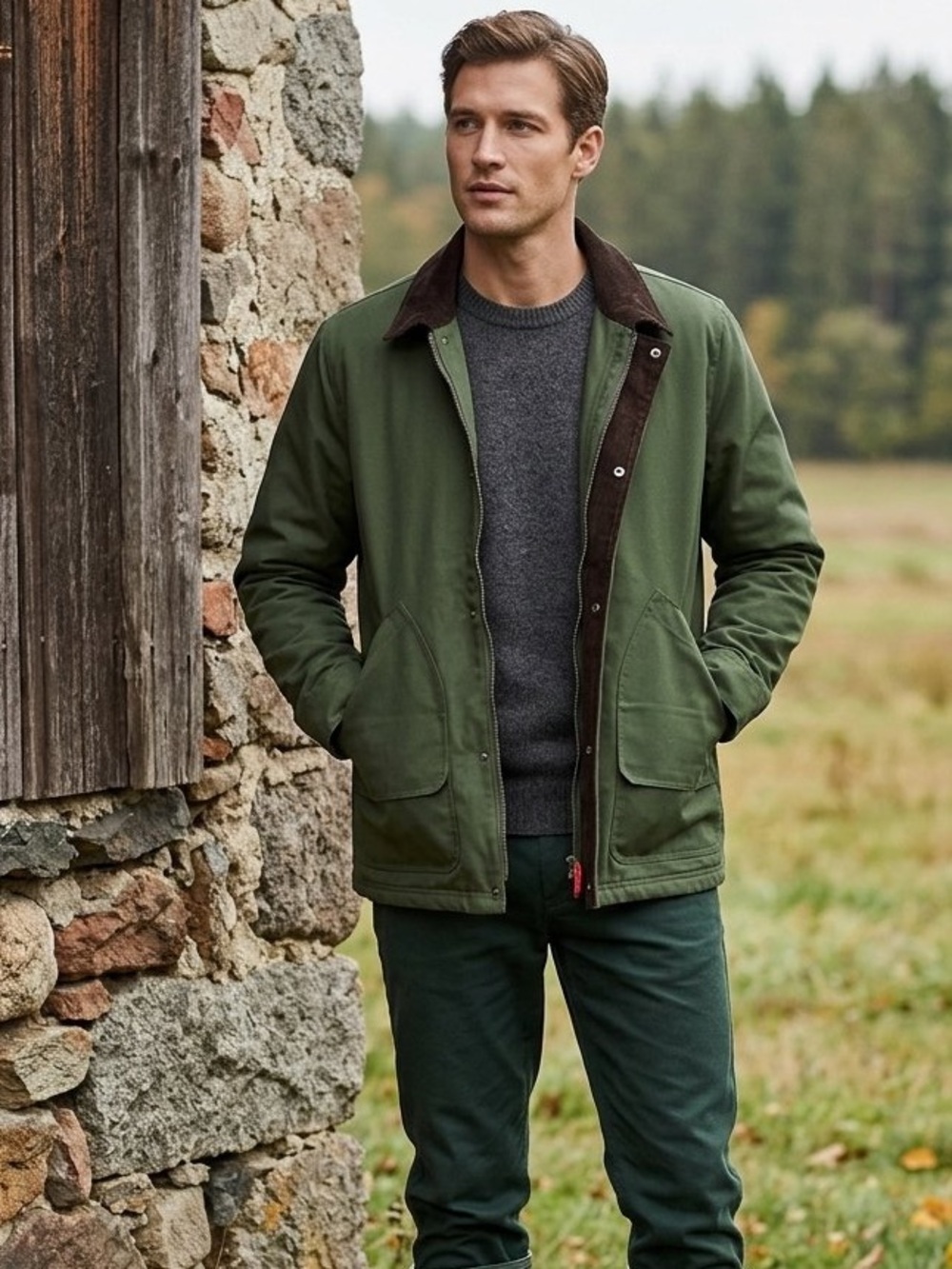 NWT HUNTER Water Repellent Field Jacket Dark Green with Brown Corduroy Accents